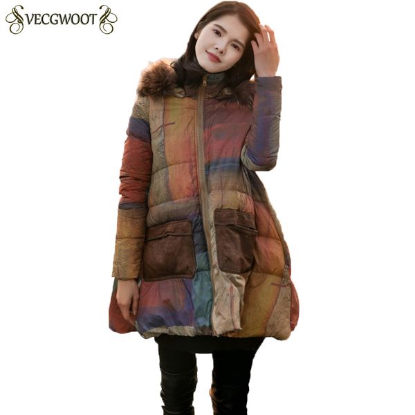 

new winter warm coats women 2018 fashion loose hooded down coats fur collar long print casual down jacket female outwear hp382, Black