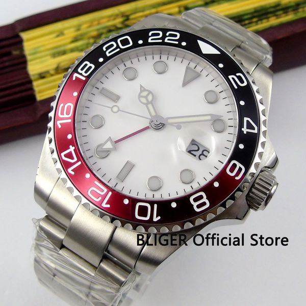 

sapphire glass bliger 43mm white sterile dial black red bezel gmt function luminous marks automatic movement men's watch b313, Slivery;brown