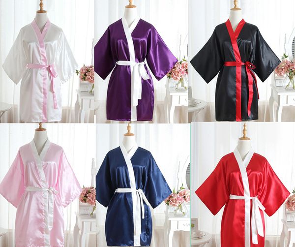

2018 women silk satin short night robe solid kimono robe bath bathrobe peignoir femme wedding bride bridesmaid robes, Black;red
