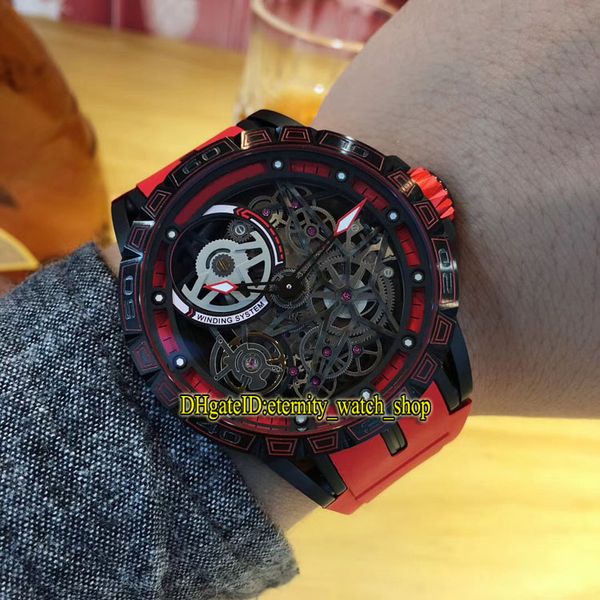 

luxury new excalibur 46 rddbex0617 skeleton dial double tourbillon japan miyota automatic mens watch black red case rubber strap watches, Slivery;brown