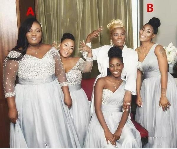 

two styles plus size bridesmaid dresses long sleeves one shoulder maid of honor dress beaded sequins wedding party dress women formal wear, White;pink