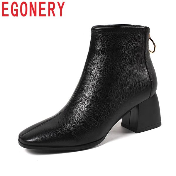 

egonery shoes women fashion soft genuine leather high square heel zip square toe winter warm party ankle boots, Black