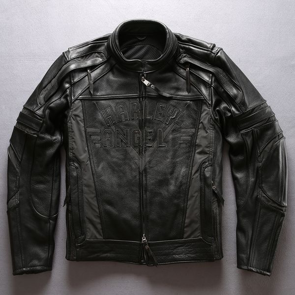 

harley angel high grade men genuine leather jackets with noctilucous motorcycle jacket first hand cow leather, Black