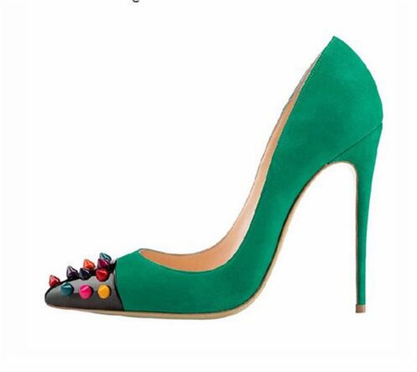 

fashion new women lady 2019 new green suede leather spikes rivet poined toes high heels shoes sandals pumps high-heeled shoes, Black