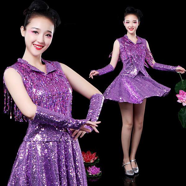 

2018 modern dance costume sequined performance latin dance square stage skirt skirt performance female, Black;red