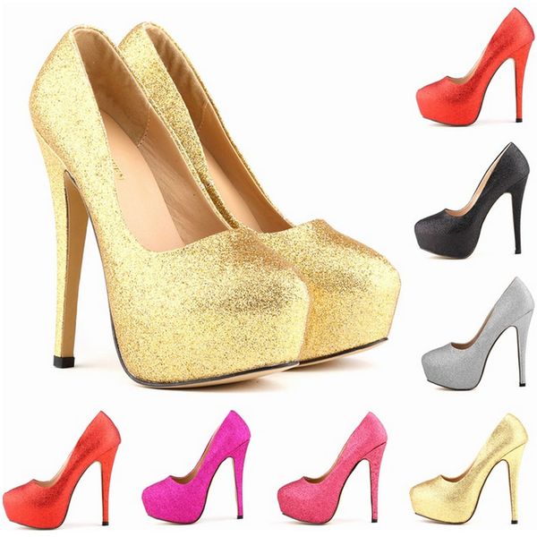 

women pumps ultra high heels glitter gold shoes 14cm platform round toe ladies wedding party shoes us4-11 d0232, Black