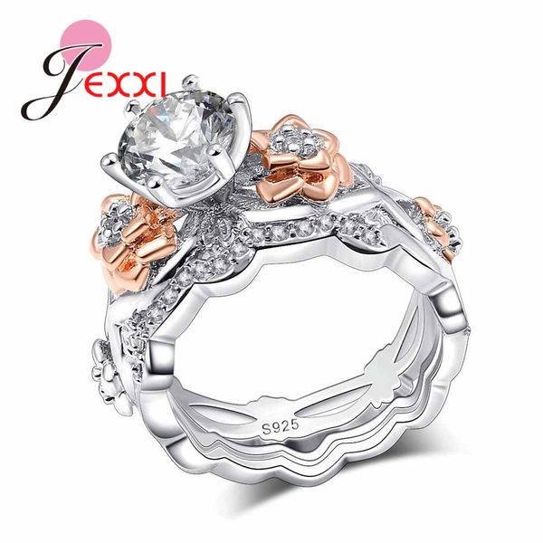 

whole salejexxi delicate flower finger ring rose gold color and silver color 925 sterling silver cz jewelry for valentine's day gifts, Golden;silver