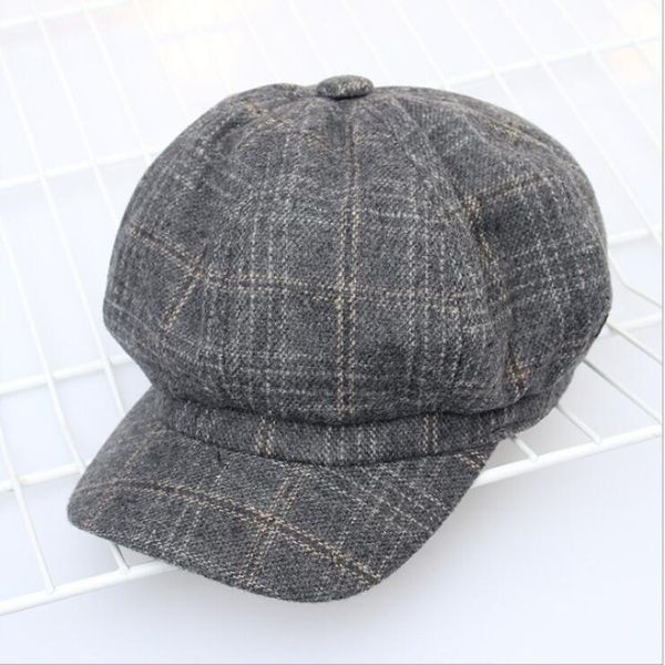 

2018 women plaid wool hat fashion artist painter octagonal cap autumn winter warm beret hat newsboy caps casquette, Blue;gray