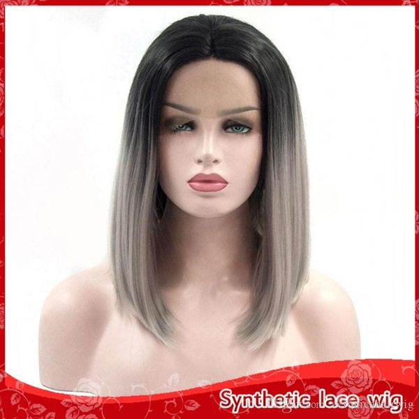 Cosplay Grey Synthetic Lace Front Wig Black Roots Ombre Silver