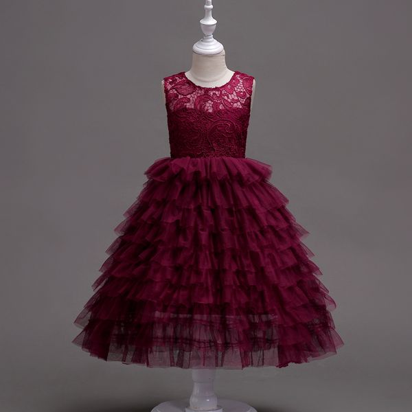 

solid lace girl dresses ankle-length sleeveless round-neck hollow-out girl party dress princess evening dresses ball gowns, Red;yellow