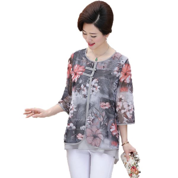 

waeolsa chinese style woman ethnical chiffon blouses gray blue red green flower layered women oriental botton design blouse, White