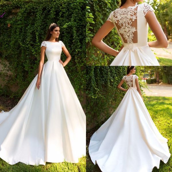 

boat neckline a line wedding dresses 2019 beading crystals cap sleeves sheer back bridal gowns custom made, White