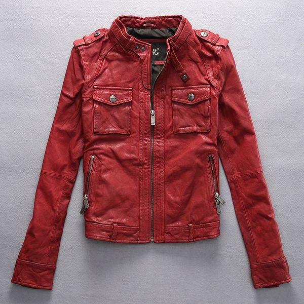 

factory 2016 winter new arrival women's genuine leather jacket vegetable tanned goatskin black/red fashion motorcycle jackets