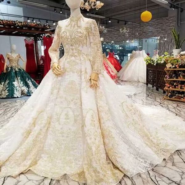 

luxury dubai wedding dresses gold lace applique high neck long sleeve transparent back bride gown for wedding party real price, White