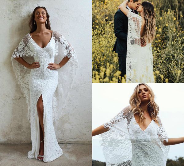

2019 mermaid wedding dresses v neck front split floor length backless country wedding gowns with wrap plus size bridal dress plus size, White