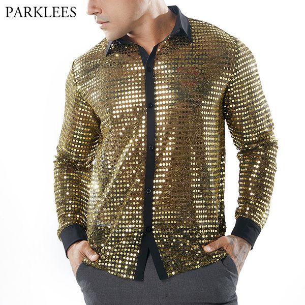 

shiny gold sequin glitter slim fit long sleeve shirt men 2018 fashion see-through shirt for men nightclub stage prom, White;black
