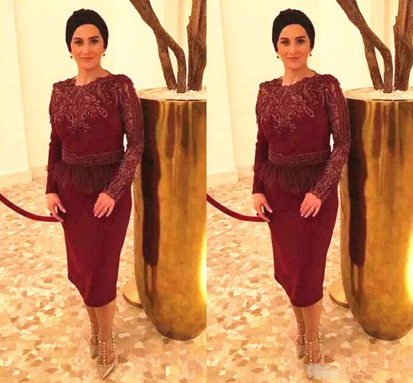 

burgundy short mother of the bride outfit lonh sleeve appliques sheath tea length mother of the groom dress formal party dress, Black;red