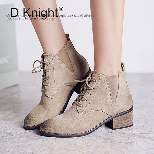 

vintage genuine leather women ankle boots new fashion pointed toe lace up middle height high heels motorcycle boots short, Black