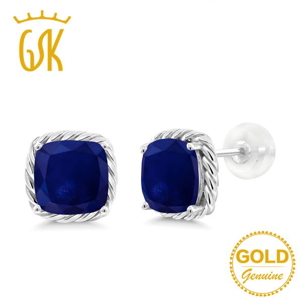 

gemstoneking 4.00 ct cushion 7mm natural blue sapphire earrings 10k white gold engagement stud earrings for women, Golden;silver