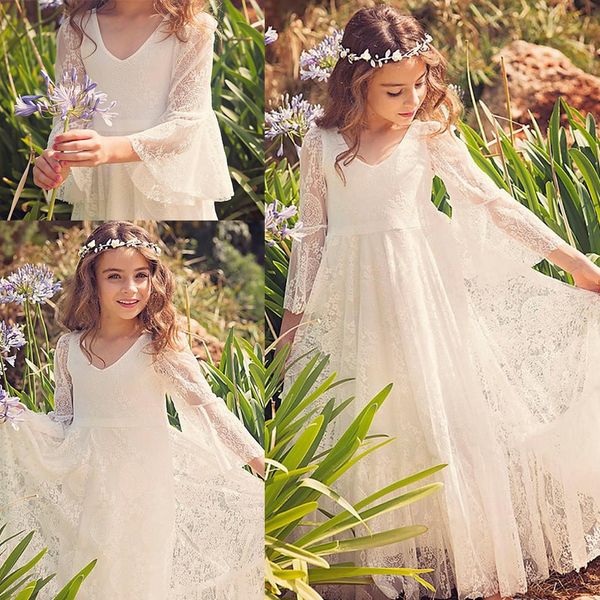 

beach long sleeves flower girls dresses lace a line girl dress back birthday kids gowns dress, White;blue