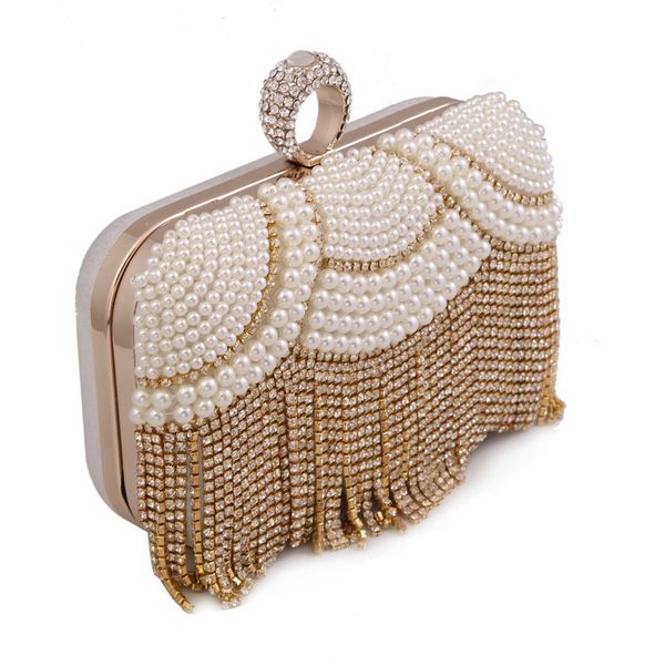 

mini evening clutch with tassel and pearls for ladies, beaded evening day clutch with removable chain
