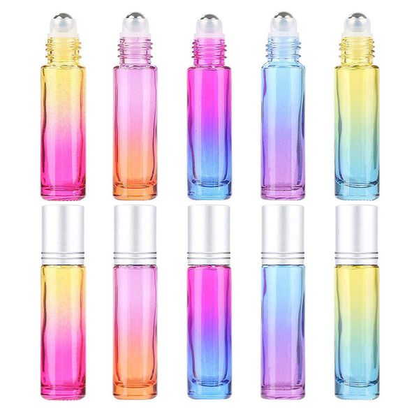 

200pcs 10ml gradient roller bottles rainbow color glass bottle color essential oil bottle with silver cap