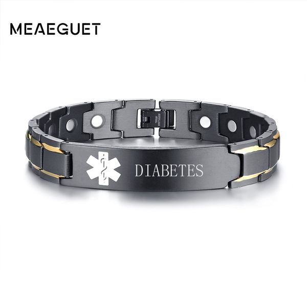 

meaeguet stainless steel magnetic health medical id alert bracelet for men therapy biomagnetic cuff bangles, Golden;silver