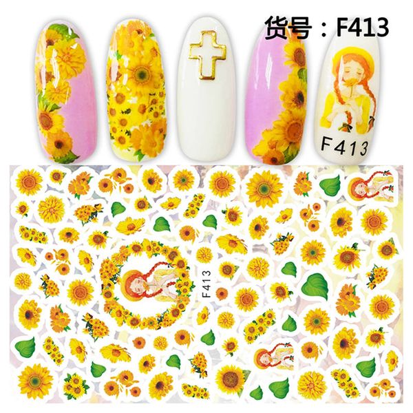 

1 sheet beautiful autumn bright yellow chrysanthemum daisy rose floral designs adhesive nail art stickers decorations f221-413#, Black