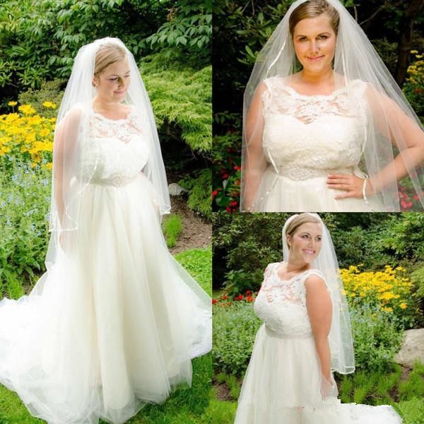 

2018 plus size country wedding dresses a line scoop sleeveless sweep train bridal gowns with lace crystal sash tulle wedding gowns, White