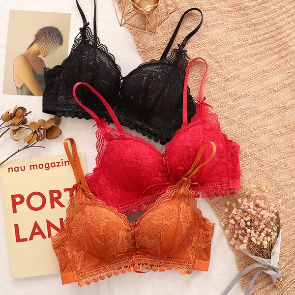 

Retro lace ilk thicken pu h up lingerie for mall che t wirele deep v neck women underwear bra et hollow out pantie