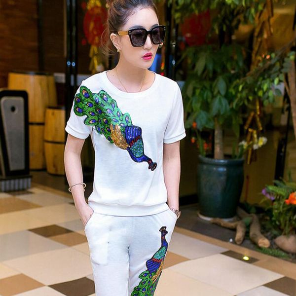 

summer female suit peacock trousers suit with sequins women 's tracksuits thin pullover women set clothing female, Gray