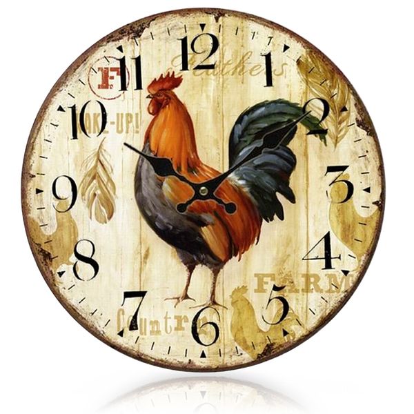

gosear european-styled country rooster wood wall mounted clock vintage relojes pared relogio de parede home decoration