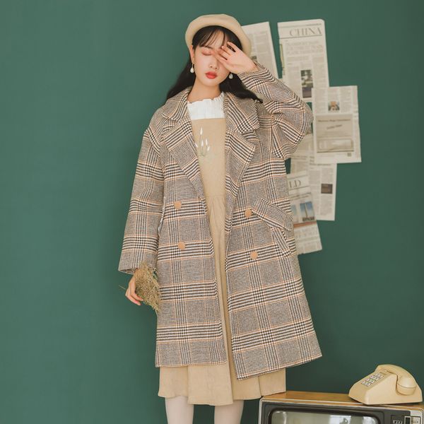

no less than 189] autumn winter new korean version of woolen coat, long bird, plaid coat, female 8244, Black