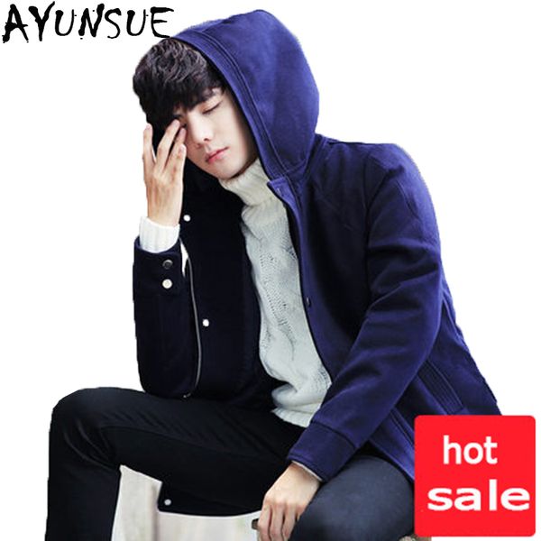 

ayunsue 2017 new autumn winter men woolen coat short hooded warm male trench casual coat men plus size jacket slale lx1372, Black
