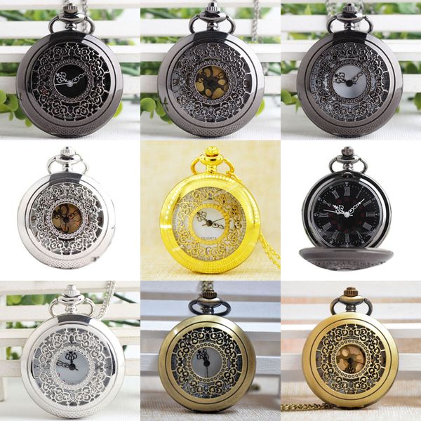 

p233b black flowers round dial pendant large hollow quartz pocket watch men women necklace chain gift watch regarder, Slivery;golden