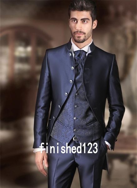 Alta Qualidade Mais Botão Do Noivo Azul Marinho Groommen Smoking Groomsmen Groomsmen Melhor Homem Ternos de Casamento Dos Homens (Jacket + Pants + colete + Gravata) D: 154