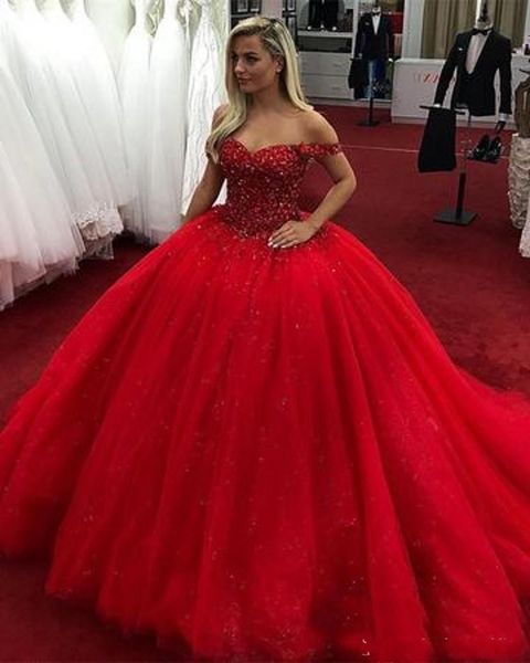 

2020 bling quinceanera ball gown dresses off shoulder beaded crystal sweet 16 arabic long tulle puffy plus size party prom evening gowns, Blue;red
