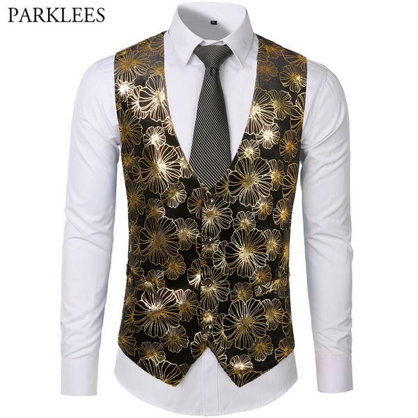 

mens gold metallic floral print steampunk vest men groom wedding suit vest prom party tuxedo vests male chalecos para hombre xxl, Black;white