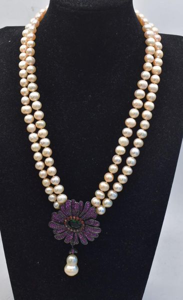 

2rows freshwater pearl pink near round 8-9mm and red flower pendant necklace 18-19inch fppj wholesale beads nature, Silver