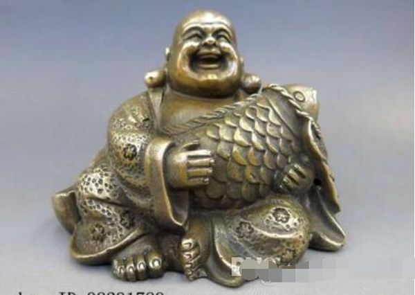 Venda por atacado - Chinese Brass Copper Budismo Fengshui Peixe Dinheiro Riqueza Maitreya Estátua de Buda