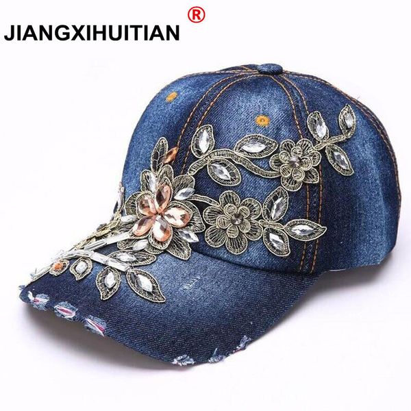 

women's baseball cap diamond painting embroidery flower denim snapback hats jeans woman female cap cowboy summer sun hat, Blue;gray