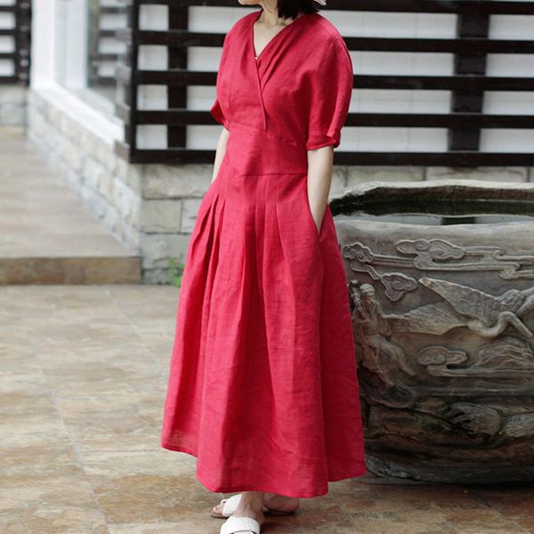 

johnature v-neck short sleeve high waist long dresses 2018 summer new vintage women tie ankle-length loose ramie dresses, Black;gray