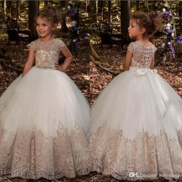

Flower Girl Dresses for Weddings Cheap Empire Champagne Lace Ivory Tulle First Communion Dresses Boho Floor Length Cap Sleeves