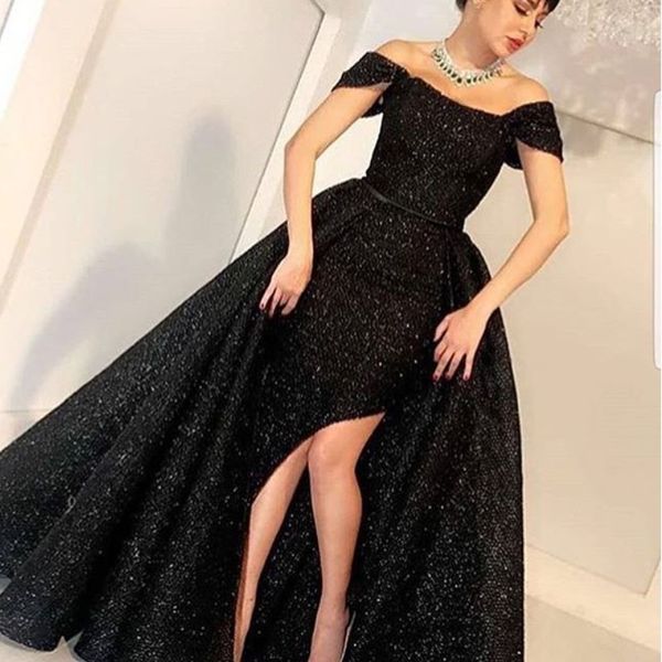 

side split mermaid prom dresses with overskirt fashion black sequined off shoulder celebrity party dress dubai floor length evening dre