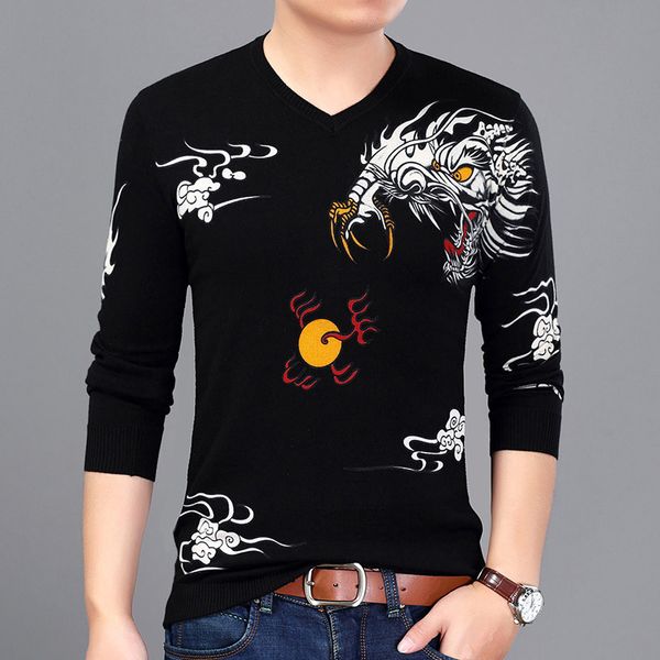

dragon totem pattern printing fashion casual v-neck pullover sweater autumn 2018 quality cotton soft elastic sweater men -xxxl, White;black