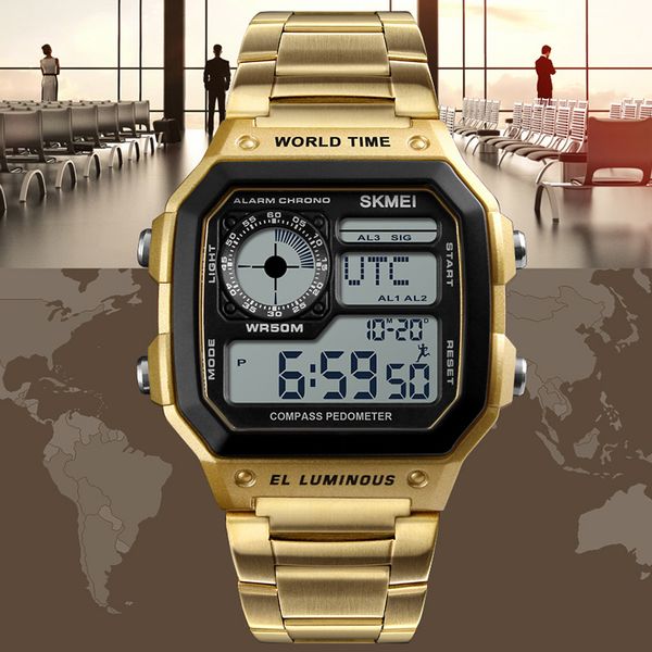 

men's outdoor compass fitness sports watches pedometer countdown waterproof led digital wrist watch clock male relogio masculino, Slivery;brown