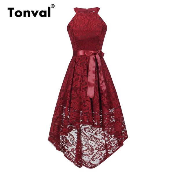 

tonval vintage floral lace off shoulder dress women high low hem midi party robe dress ladies burgundy red dresses, Black;gray