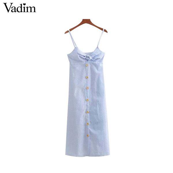 

vadim stylish v neck striped midi dress bow design sleeveless spaghetti straps buttons female summer dresses vestidos qa155, White;black