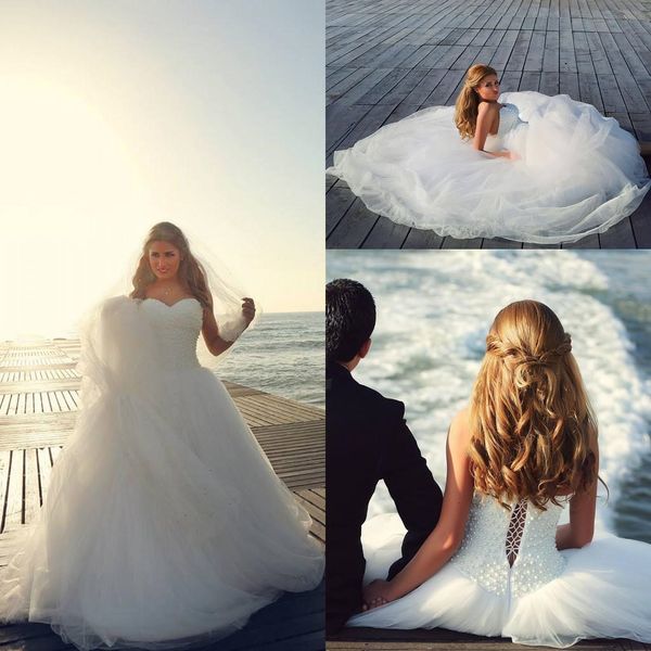 

plus size arabic wedding dresses 2019 new custom made sweetheart ball gown luxury pearls princess tulle bridal gowns vestidos de noiva w792, White