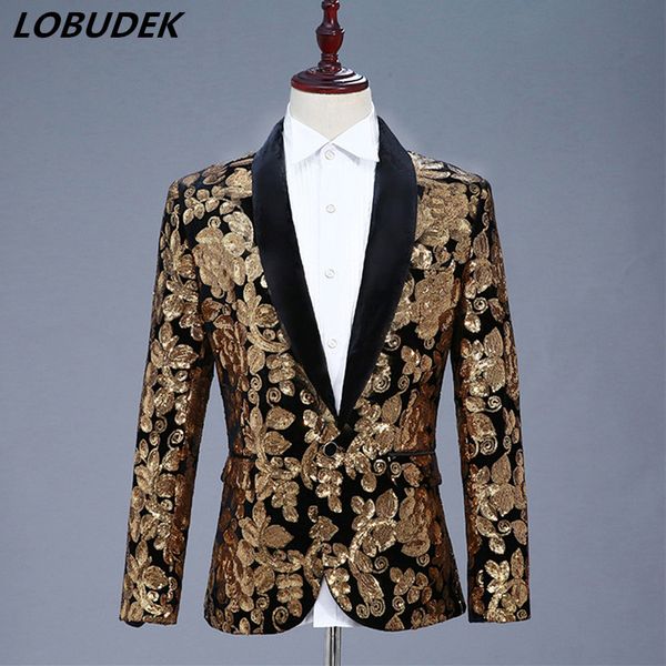 

nightclub men dj singer fashion popular costume sparkly gold sequins blazers coat high-end outerwear prom host show stage outfit, White;black
